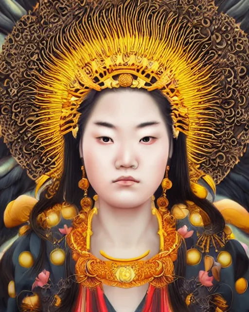 Image similar to hyper realistic portrait photo of ameterasu the sun goddess of japan, portrait shot, intricate detail