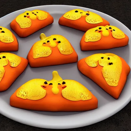 Image similar to 3 d cartoon style full view of a plate with 3 delicious 3 d pumpkin turnovers with glazing in the style of disney and pixar, c 4 d, farmville