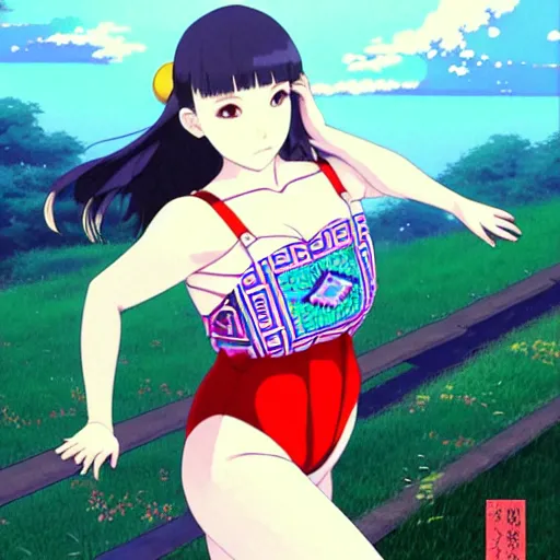 Image similar to a beautiful plus sized model japanese natalie portman, alluring plus sized model, wearing mayan leotard with overalls, street fashion hip hop style with mayan patterns, aztec street fashion, gapmoe yandere grimdark, trending on pixiv fanbox, painted by greg rutkowski makoto shinkai takashi takeuchi studio ghibli, akihiko yoshida