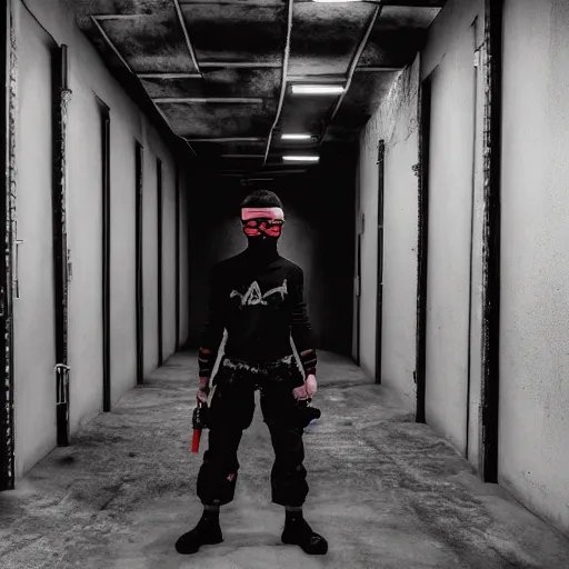 Prompt: ninja mercenary acrobat with red glasses and black wraps in concrete brutalisim monochrome world warehouse facility hallway holding guns accurately
