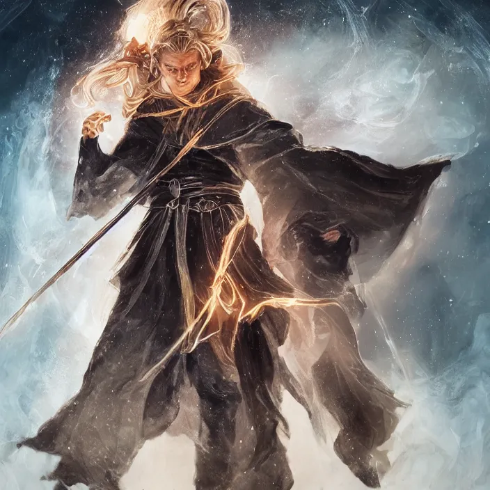 Image similar to Young, handsome wizard with a blonde ponytail wearing exquisite black robes, a spider cloak and wielding a legendary staff of light. Magic, bright lighting, flux. High fantasy, digital painting, HD, 4k, detailed.