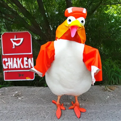 Image similar to chicken dressed as an inmate