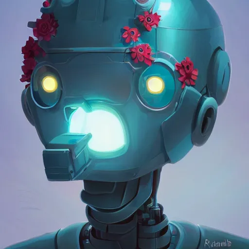 Image similar to a robot head with flowers coming out of the top, minimalist, behance hd by jesper ejsing, by rhads, makoto shinkai and lois van baarle, ilya kuvshinov, rossdraws global illumination