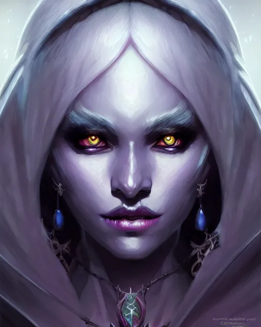 Image similar to portrait of a female drow necromancer, hd, illustration, epic, d & d, fantasy, intricate, elegant, highly detailed, digital painting, artstation, concept art, smooth, sharp focus, illustration, art by artgerm and greg rutkowski and alphonse mucha, monster hunter illustrations art book