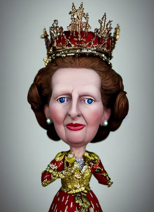 Image similar to closeup face profile portrait of tin toy margaret thatcher as a fairytale princess wearing a crown eating cakes, bikini, depth of field, zeiss lens, detailed, symmetrical, centered, fashion photoshoot, by nicoletta ceccoli, mark ryden, lostfish, breathtaking, 8 k resolution, extremely detailed, beautiful, establishing shot, artistic, hyperrealistic, octane render