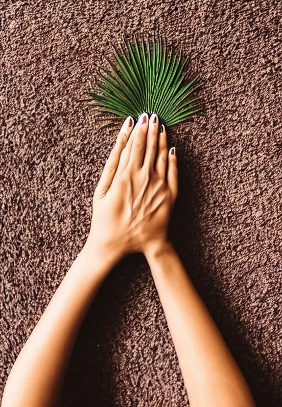 Image similar to an instagram photo of one ultra detailed woman's palm held against the floor, instagram photo, studio photo