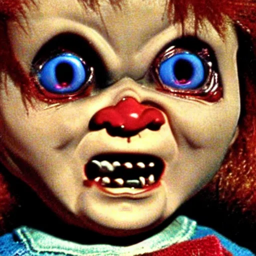 Image similar to Chucky the killer doll from the movie Child's Play leading an army of scary looking evil killer dolls