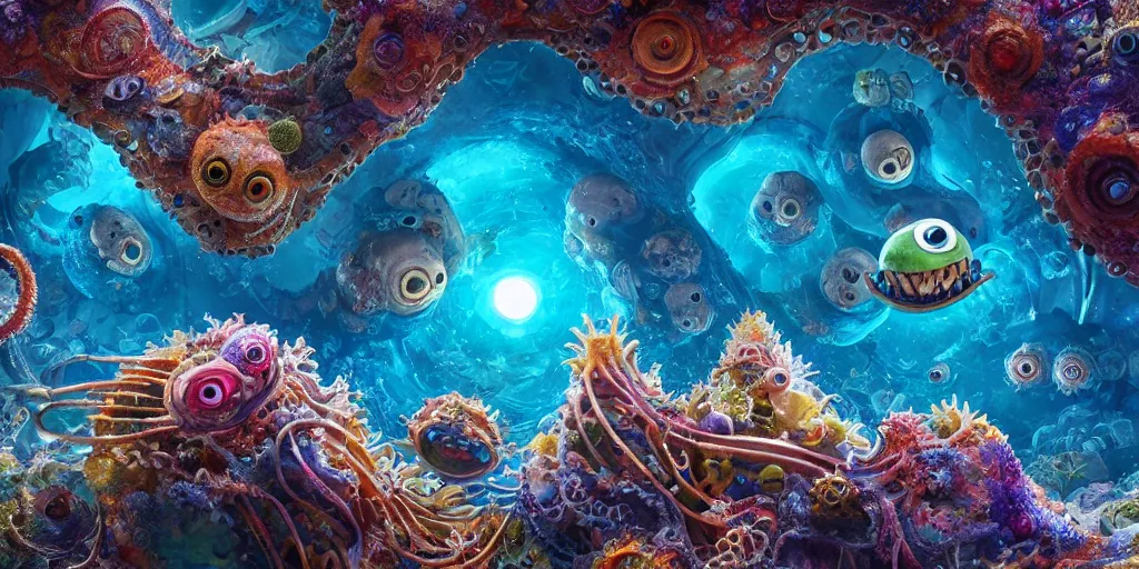 Image similar to of an intricate sea reef with strange cute friendly happy creatures with huge eyes, mouth, long tongue, round teeth and goofy face, appearing from the background, in the style of gehry and gaudi, macro lens, shallow depth of field, ultra detailed, digital painting, trending artstation, concept art, illustration, cinematic lighting, photorealism, epic, octane render