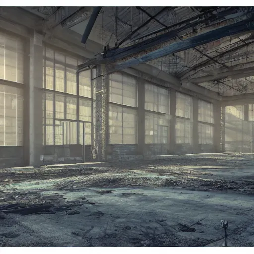 Image similar to abandoned industrial factory interior, dust visible by sun rays, digital art, trending on artstation