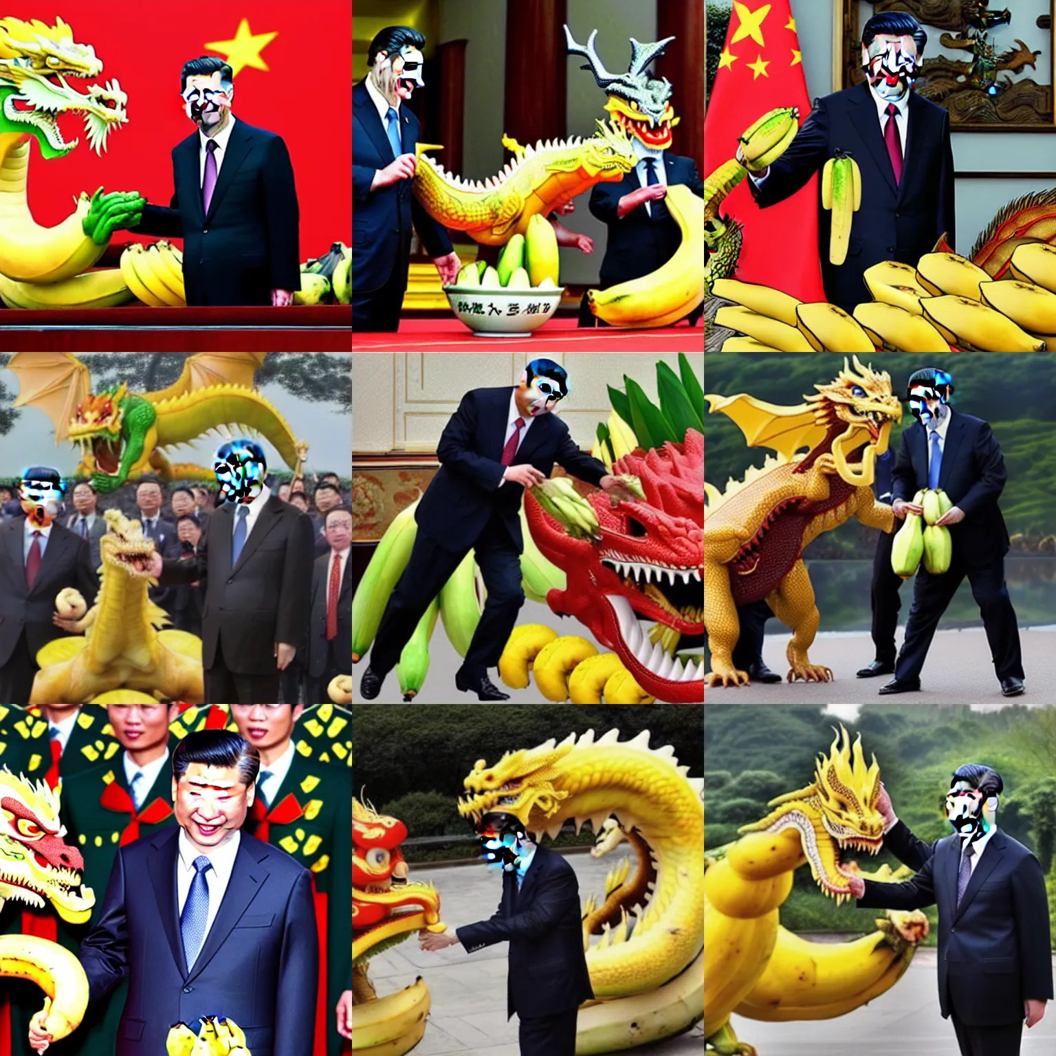 Prompt: Chinese president fighting dragon with bananas