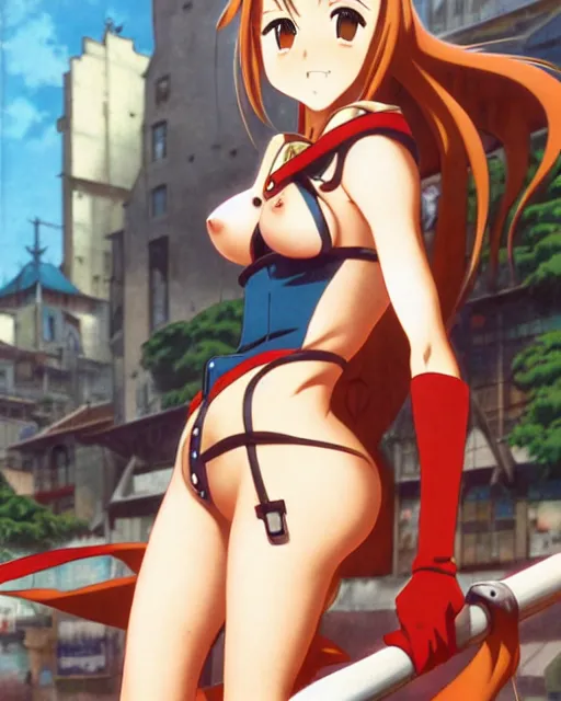 Image similar to pinup photo of asuna from sao in the crowded square of the city, asuna by a - 1 pictures, by jean giraud, kezie demessance, gil elvgren, james jean, enoch bolles, glossy skin, pearlescent, anime, very coherent, sao style anime, flat