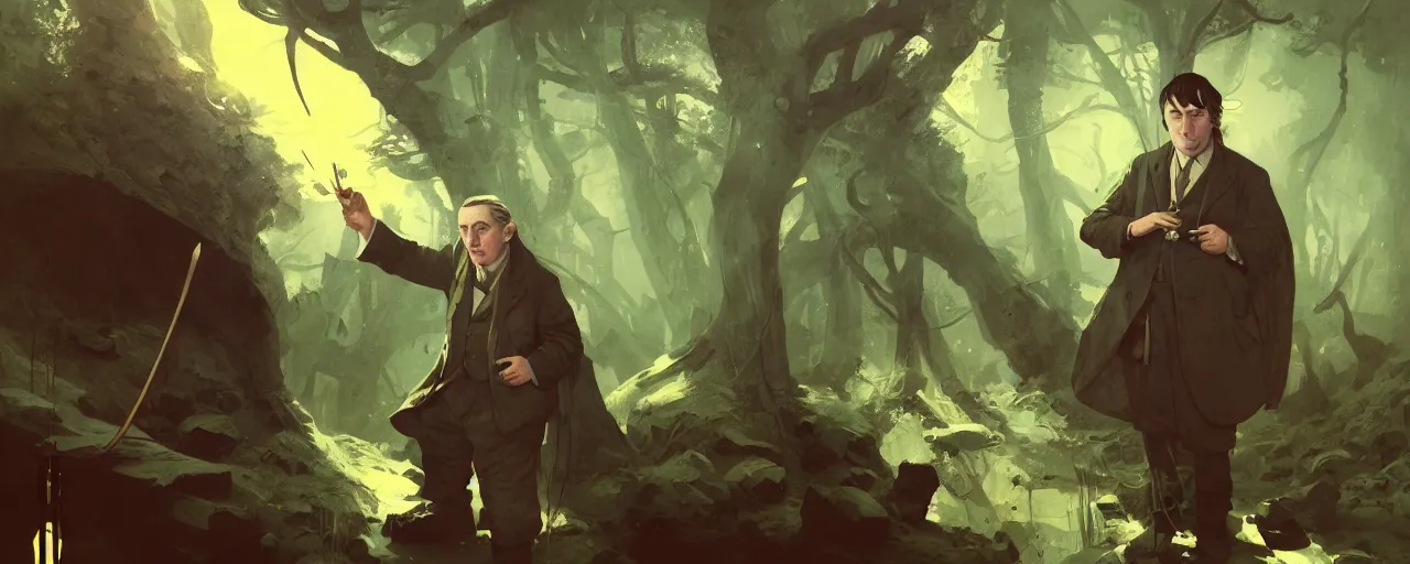 Prompt: duotone concept illustration 3 / 4 portrait of jrr tolkien in hobbit house smoking pipe rustical style. cinematic volumentric lighting. accidental renaissance. by sachin teng and sergey kolesov and ruan jia and heng z. graffiti art, scifi, fantasy, hyper detailed. octane render. concept art. trending on artstation
