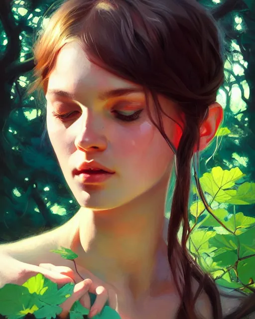 Image similar to stylized portrait of an artistic pose, composition, young forest nymph surrounded by nature, realistic shaded, fine details, realistic shaded lighting poster by ilya kuvshinov, magali villeneuve, artgerm, jeremy lipkin and michael garmash and rob rey