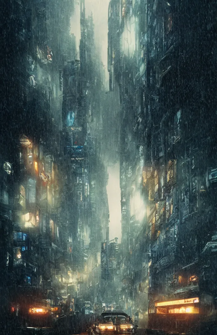 Image similar to a highly detailed blade runner scene in a swiss landscape, detailed, hyperreal phantastic, intricate details in environment, luminance, golden ratio, high aestehtic, cinematic light dramatic light, godrays, distance, photobash, wideangle, terrence malick, hyperreal 4 k