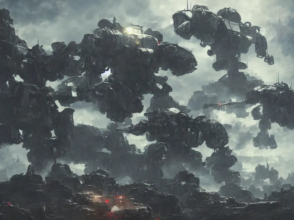 Image similar to ariel view, wide angle view, war mechs fighting, mech battlefield battling, wartorn, desolate gloomy planet, science fiction, by andree wallin