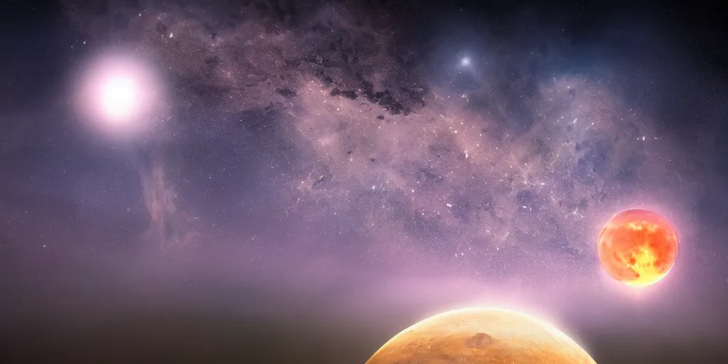 Image similar to moon setting, space, galaxy, milkyway, nebula, Mars, planets, neon, cinematic, realistic, glow, beautiful,