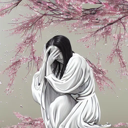 Prompt: a crying woman in a white gown kneeling at a beautiful shrine under a cherry blossom tree, rainy wet, ultradetailed, hd 8 k, illustration, aaron horkey