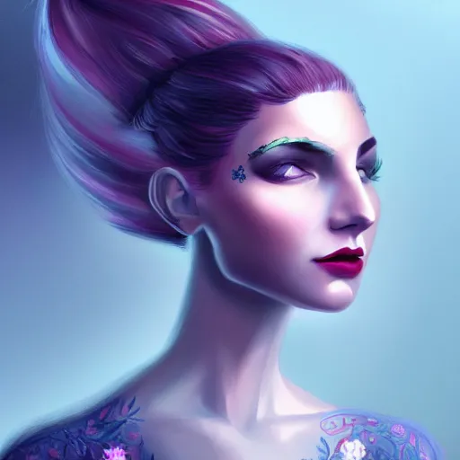 Image similar to character concept portrait of a woman with pale face, flowerpunk, intricate, elegant, digital painting, concept art, smooth, focus,