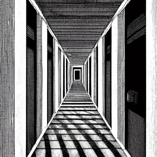 Prompt: “A creepy bright white hallway with many doors by Junji Ito, detailed background”