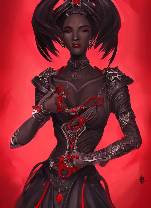 Prompt: a highly detailed illustration of beautiful black long hime cut hair woman wearing a red battle dress, red eyes, dramatic smile pose, intricate, elegant, highly detailed, centered, digital painting, artstation, concept art, smooth, sharp focus, league of legends concept art, WLOP