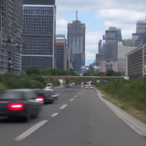 Prompt: my view driving down the highway after spider robots took over the city