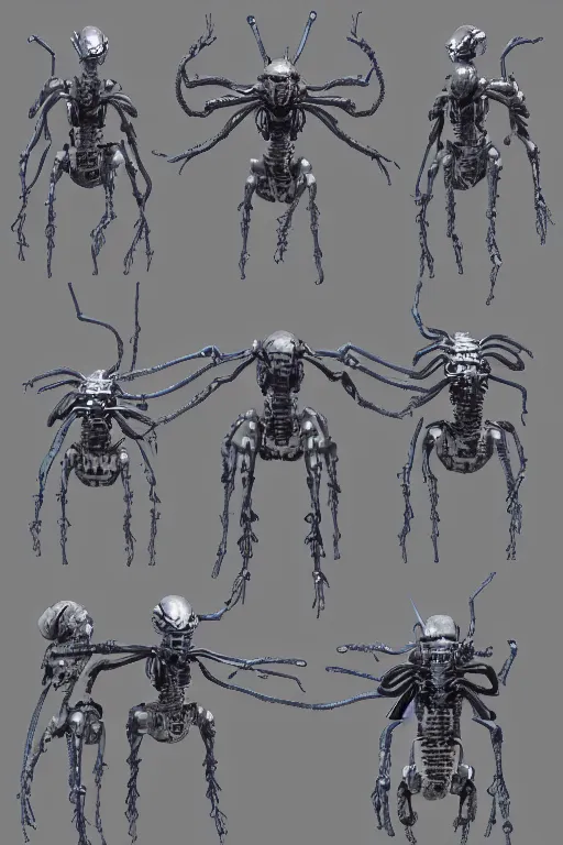 Prompt: cyborg space spider with gunmetal grey skin, medical anatomy, cyberpunk face, highly detailed, japanese, mecha asthetic, mechanical implants, three - view reference sheet ( front / back / side ), in the style of dan ouellette, dren from splice, hr giger, sil from species, artstation, unreal engine