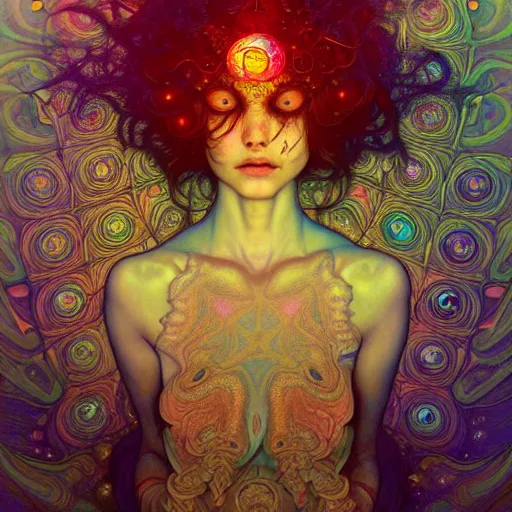 Image similar to An extremely psychedelic experience, reality bending, colorful, surreal, magic mushrooms, psilocybin, LSD, face, detailed, intricate, elegant, highly detailed, digital painting, artstation, concept art, smooth, sharp focus, illustration, art by Krenz Cushart and Artem Demura and alphonse mucha