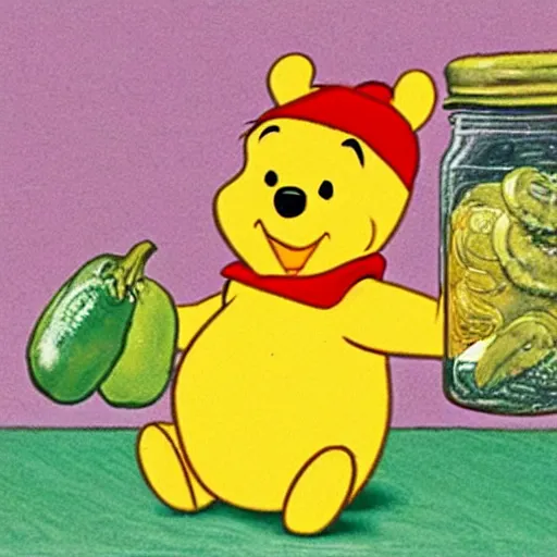 Prompt: winnie the pooh, opening a jar of pickles, realistic