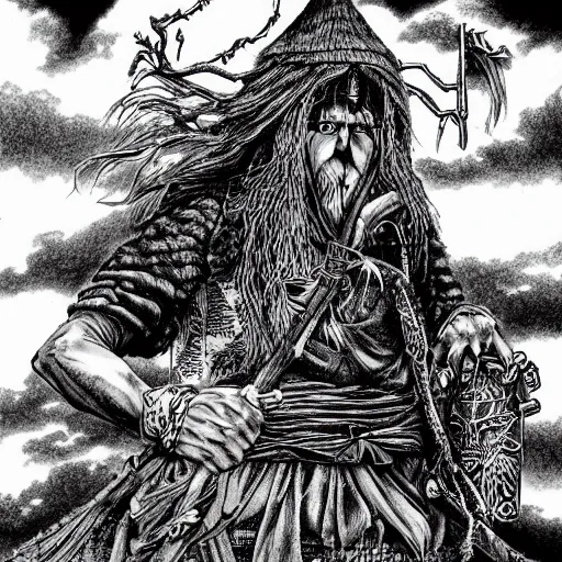 Prompt: Baba Yaga by Kentaro Miura, highly detailed, black and white