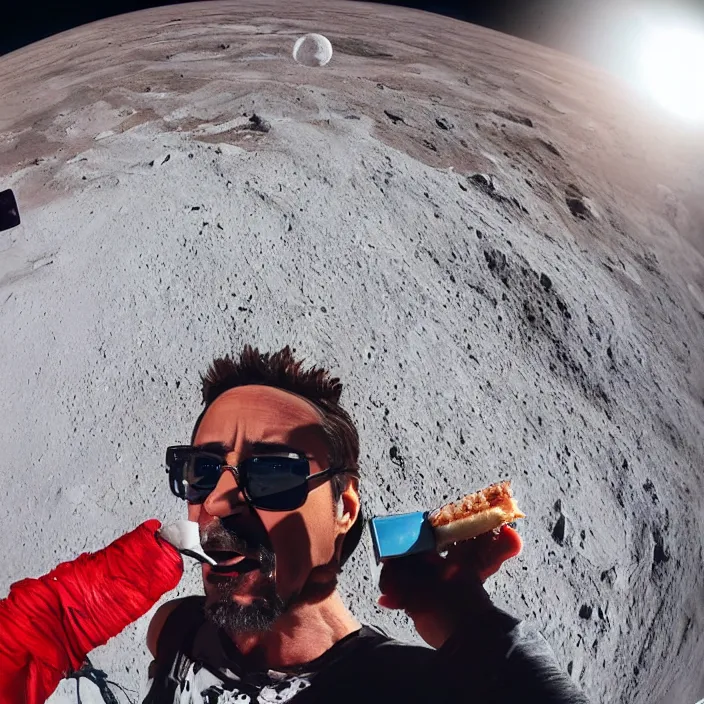 Prompt: robert downey jr eating a delicious hot dog on the moon, gopro selfie with a fisheye lens