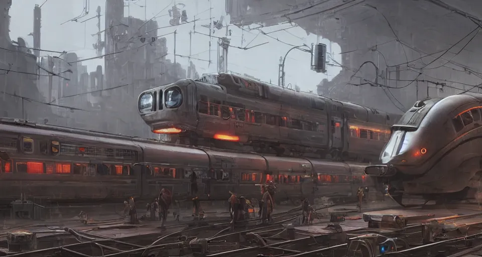 Image similar to a highly detailed epic cinematic concept art CG render digital painting artwork scene: retrofuturistic 1920s cyberpunk steampunk bullet train emitting smoke. By Greg Rutkowski, Ilya Kuvshinov, WLOP, Stanley Artgerm Lau, Ruan Jia and Fenghua Zhong, trending on ArtStation, made in Maya, Blender and Photoshop, octane render, excellent composition, cinematic dystopian brutalist atmosphere, dynamic dramatic cinematic lighting, aesthetic, very inspirational, arthouse