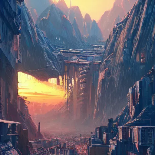 Prompt: beautiful sunset over detailed cyberpunk suburb in a valley surrounded by epic mountains with snowtops, sharp, highly detailed, oil on canvas, kacper niepokolczycki, syd mead, 4 k, perfect geometry