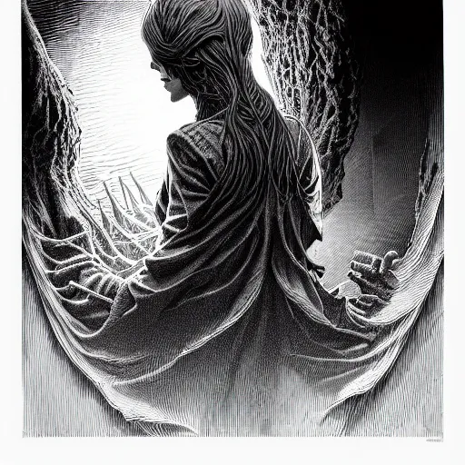 Image similar to portrait soft light, by bernie wrightson and killian eng and joe fenton, inspired by h p lovecraft, etching, fine, sharp high detail