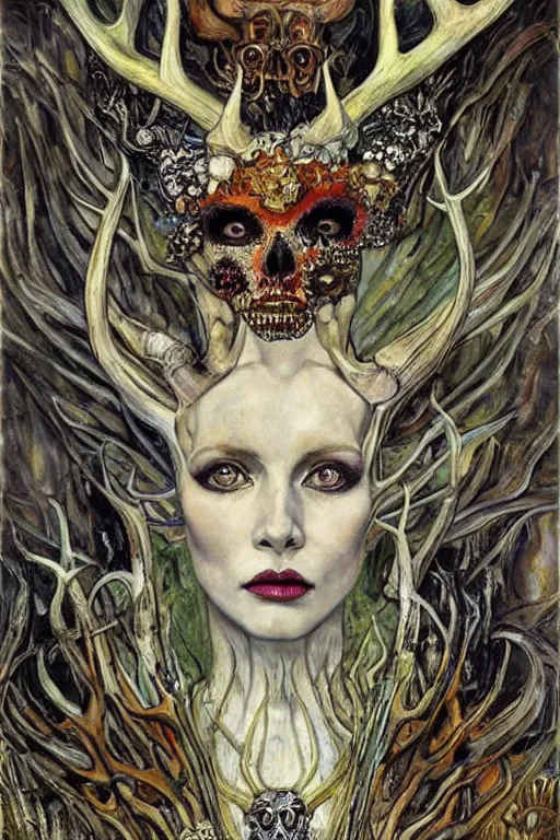 Image similar to The Queen of Bones by Karol Bak, Jean Deville, Gustav Klimt, and Vincent Van Gogh, portrait of a majestic demonic queen, beautiful vampire queen, jade green cat eyes on fire, mystic eye, otherworldly, crown made of bones, antlers, horns, ornate jeweled crown, skull, fractal structures, arcane, inscribed runes, infernal relics, ornate gilded medieval icon, third eye, spirals, rich deep moody colors