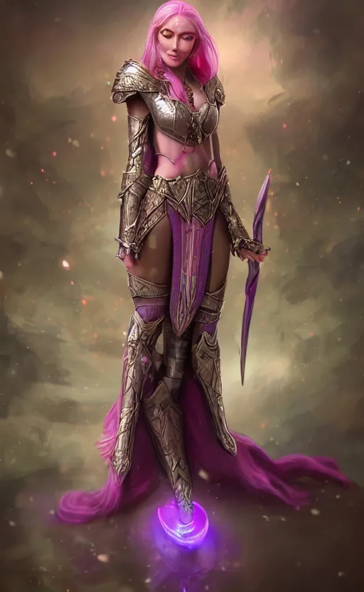 Image similar to a full body portrait of an elven woman with pink skin, and armor fit for a queen, wearing purple headphones, and smiling, dynamic lighting, photorealistic fantasy concept art, trending on art station, stunning visuals, creative, cinematic, ultra detailed