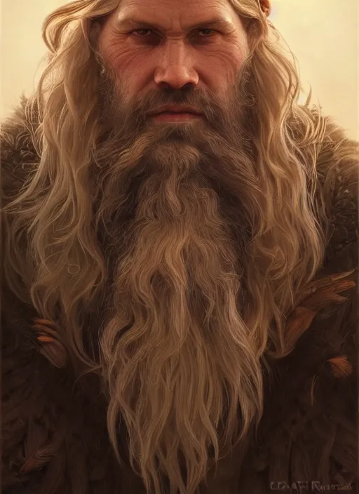 Prompt: close up portrait painting of a bearded viking man, ultra realistic, concept art, intricate details, serious, highly detailed, photorealistic, octane render, 8 k, unreal engine. art by artgerm and greg rutkowski and alphonse mucha