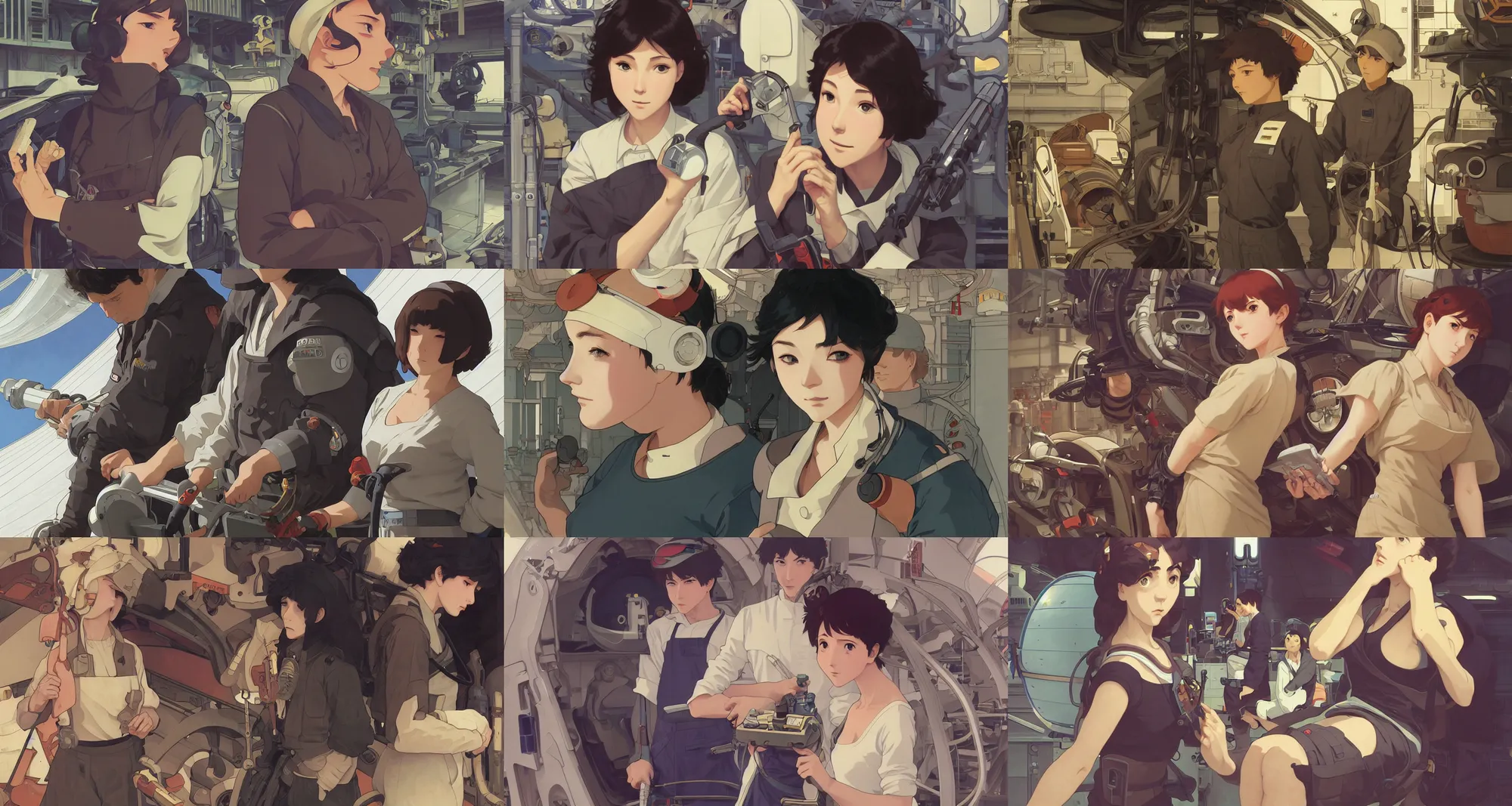 Prompt: a mechanic working in a busy starship hanger, finely illustrated face, highly detailed, digital illustration, studio ghibli, tankobon, in the style of ilya kuvshinov and krenz cushart and william - adolphe bouguereau and alphonse mucha