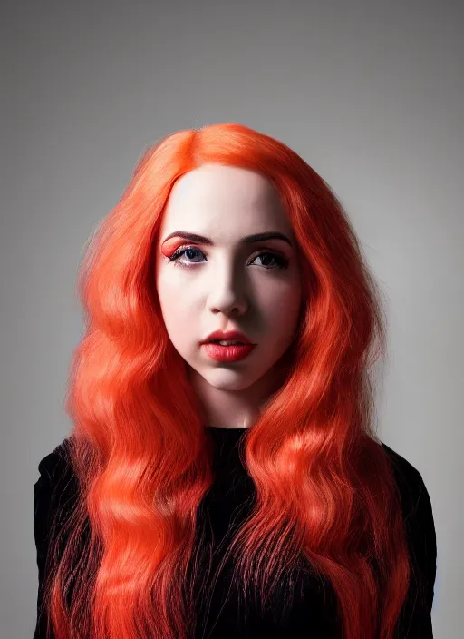 Image similar to ava max bright red hair photographed by charlotte rutherford, canon, highly realistic. high resolution. highly detailed. dramatic. 8 k. 4 k.