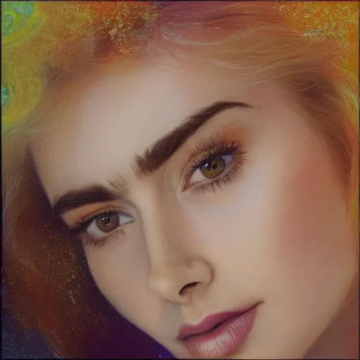 Image similar to portrait of a beautiful blonde queen girl lily collins, floating under the deep dream water, beautiful smooth soft light + white petal, oil paint, closeup, 4 k, highly detailed, instagram,