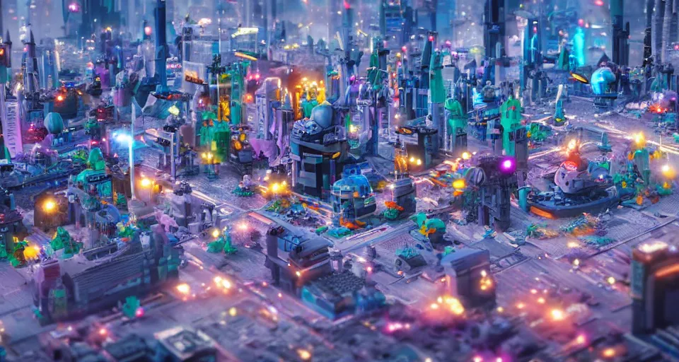 Image similar to sci - fi futuristic city made of lego bricks, pixar, disney 3 d, 8 k, octane render, still from lego movie