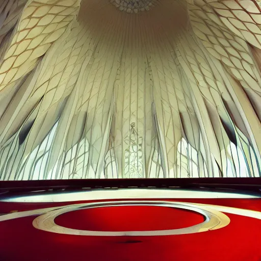 Image similar to interior of a futuristic lotus temple with gold, red and white marble panels, in the desert, by buckminster fuller and syd mead, intricate contemporary architecture, photo journalism, photography, cinematic, national geographic photoshoot