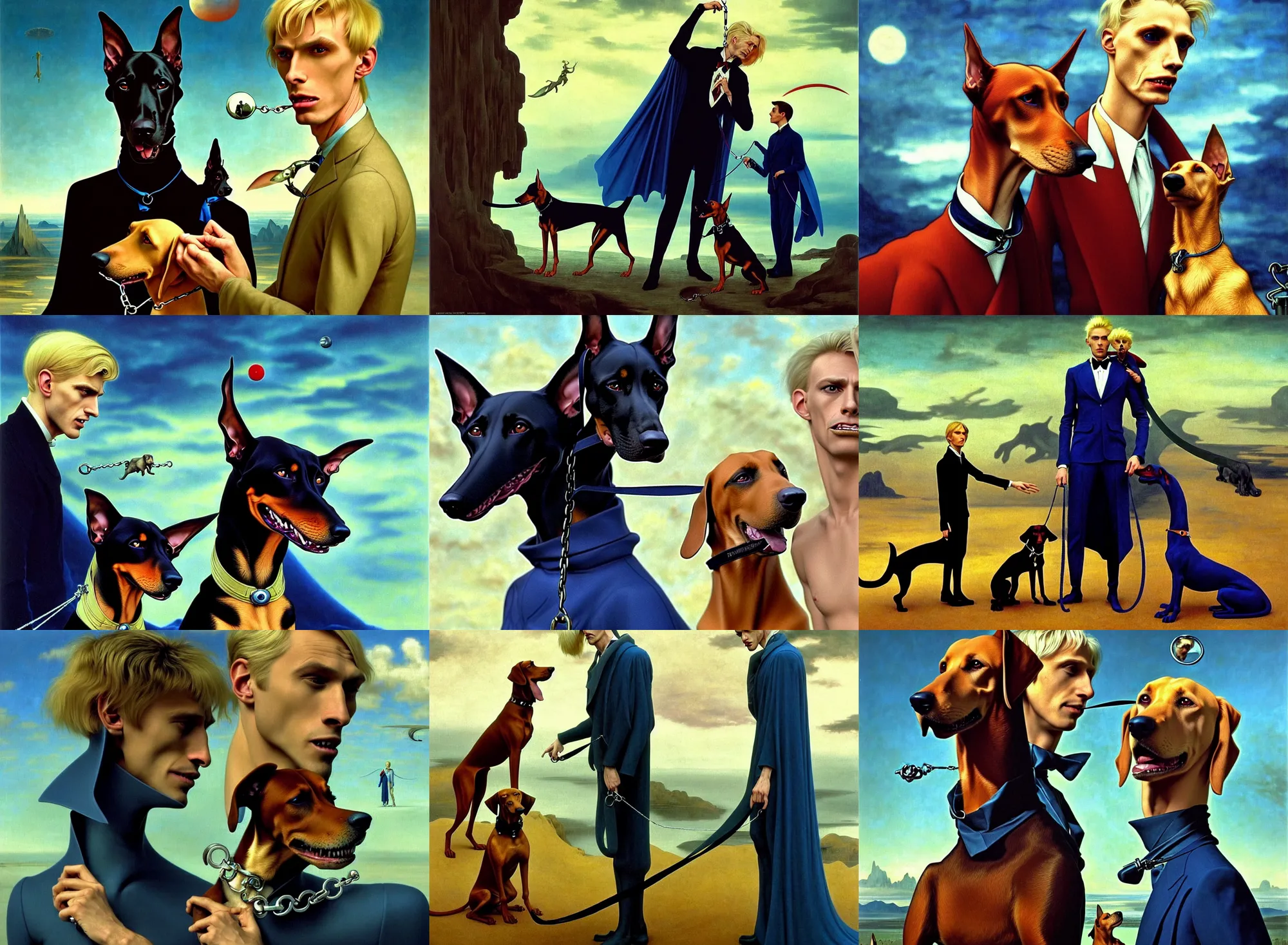 Prompt: realistic detailed portrait movie shot of an elegant blond male vampire with a doberman on a leash, sci fi landscape background by denis villeneuve, amano, yves tanguy, alphonse mucha, max ernst, caravaggio, roger dean, masterpiece, rich moody colours, dog teeth, blue eyes