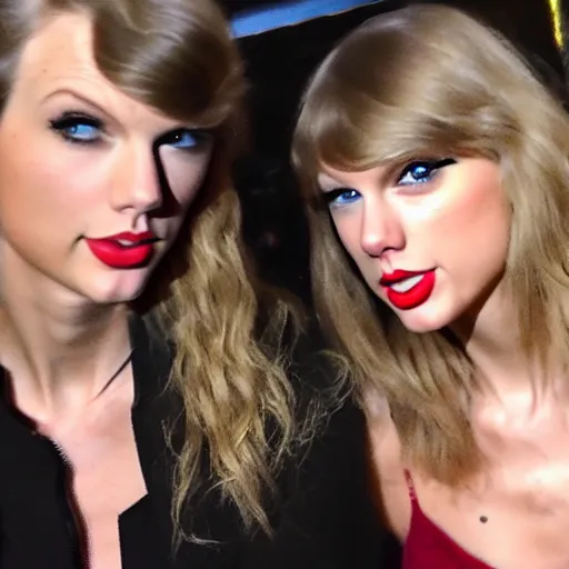 Image similar to a selfie of taylor swift and taylor swift, medium shot, detailed eyes,