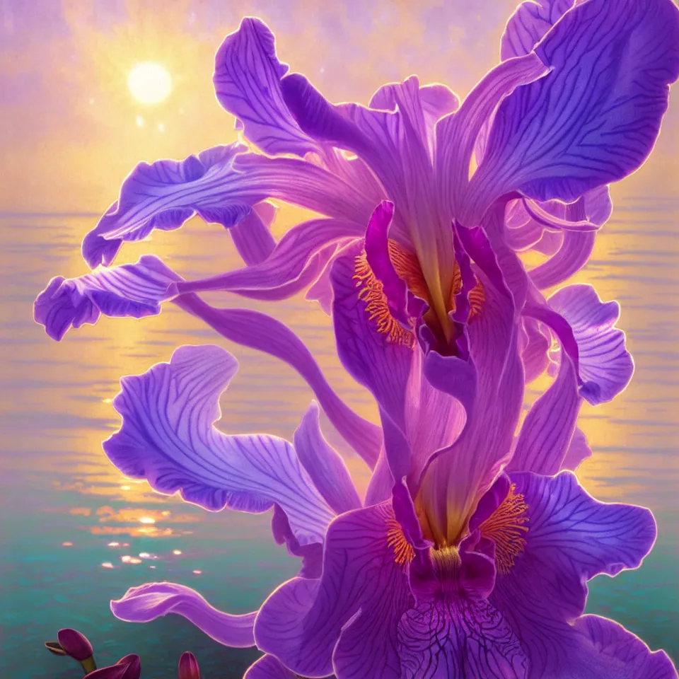 Image similar to detailed giant pastel holographic orchid iris hybrid flower surrounded by ocean waves, lsd water, lsd ripples, droplets, backlit, sunset, refracted lighting, art by collier, albert aublet, krenz cushart, artem demura, alphonse mucha