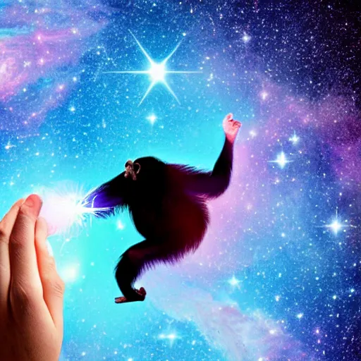 Image similar to a chimpanzee floating through outer space reaching out and touching nebula with it's finger, digital art, 8k