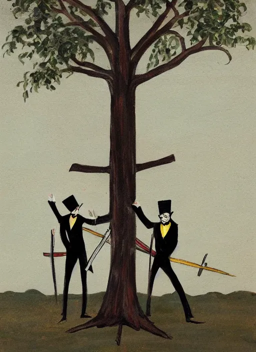 Image similar to painting of a tree person wearing a tuxedo holding two swords in his wooden hands