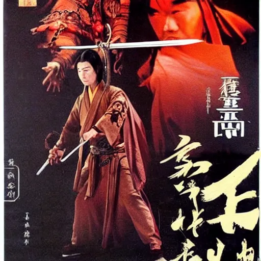 Image similar to Wuxia movie, kung fu movie, yokai, glam metal hair, demon man, Jiang sword 1977, cinematic