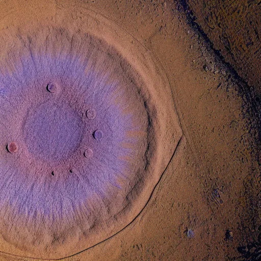 Prompt: landscape photo of a crater in the desert that mimics the shape and macro!!! detail!!! of an iris! and pupil!, centered!! high detail, drone photo, golden hour, medium format