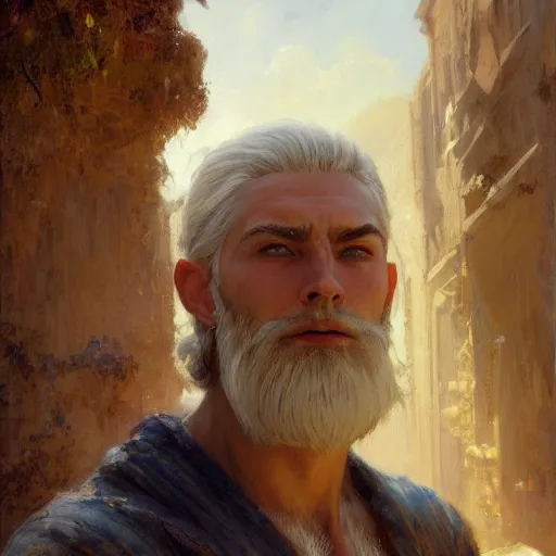 Image similar to detailed cinematic wide shot of beautiful attractive masculine man beard slim face symettrical face clean skin blue eyes white hair, ultra realistic, spring light, painting by gaston bussiere, craig mullins, j. c. leyendecker