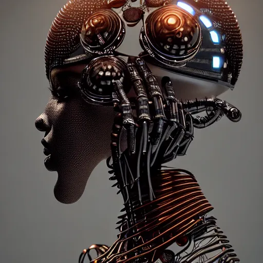 Prompt: portrait of an absurdly beautiful, graceful, sophisticated, fashionable black cyberpunk mechanoid gravure idol, hyperdetailed illustration by irakli nadar, matt wisniewski style, intricate linework, dark black porcelain skin, jellyfish headdress, brown eyes, unreal engine 5 highly rendered, global illumination, red light, detailed and intricate environment